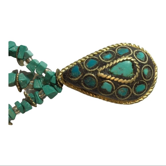 VINTAGE Turquoise and gold tone with bead tassels brooch pin - Picture 3 of 5